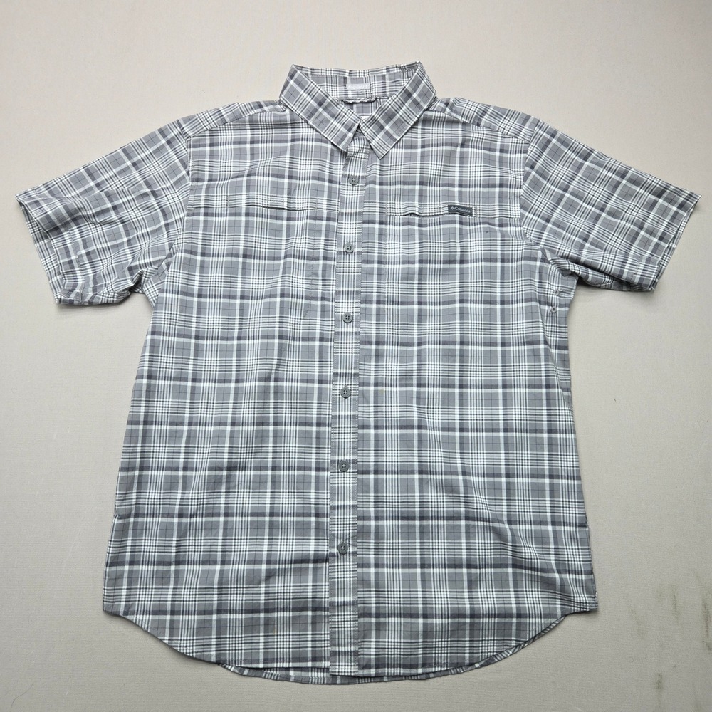 Columbia Shirt Short Sleeve Plaid Regular Fit Grey Men Size L AM0095 Hiking Top